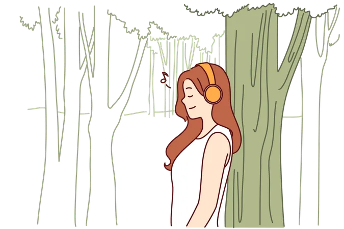 Woman Listens To Music Through Headphones Standing In Park Near Tall Tree And Enjoying Good Weather And Fresh Air Teenager Girl Listens To Music Relaxing Alone In Nature After Hard Day At School Illustration