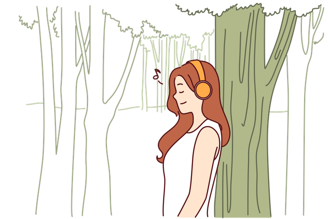 Woman is listening music in park  イラスト