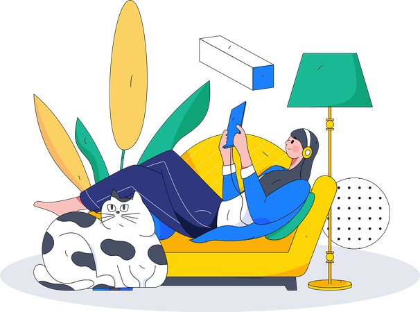 Woman is listening music while having fun with pet cat  Illustration