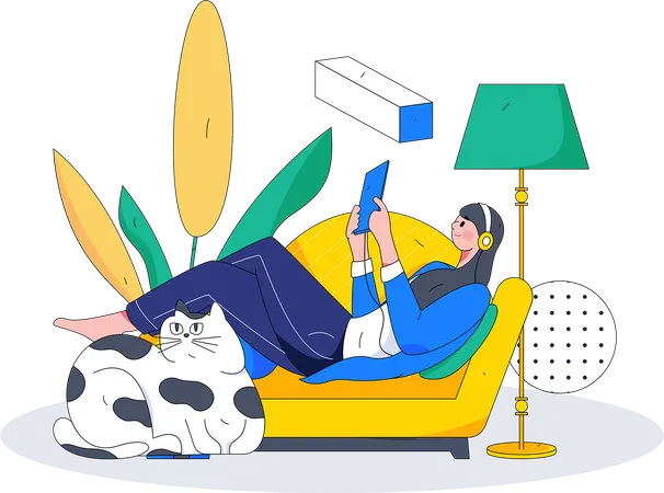 Woman is listening music while having fun with pet cat  Illustration