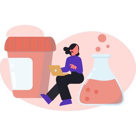 女性が化学薬品のフラスコを見ている  イラスト