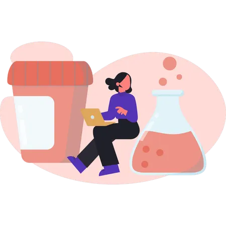 女性が化学薬品のフラスコを見ている  イラスト