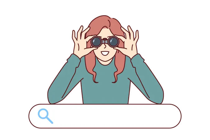 Woman Is Looking For Necessary Information Standing Over Search Bar And Using Binoculars Concept Of Search In Digital Space Or Detective Investigation To Clarify Circumstances Of Crimes Illustration
