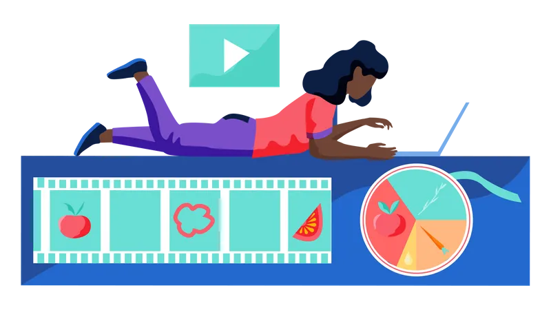 Woman is lying on the floor and watching cooking video  Illustration