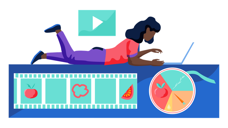 Woman is lying on the floor and watching cooking video  Illustration