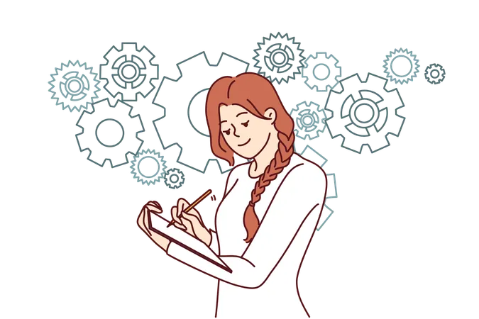 Positive Woman Is Making Checklist For Improving Business Performance By Making Notes In Notebook Standing Near Gears Concept Of Planning When Doing Business And Drawing Up Strategic Plans Illustration