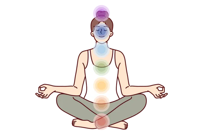 Meditating Woman Sits In Lotus Position And Does Yoga Feeling Changes In Aura And Surge Of Vitality Girl Uses Yoga Practices To Open Seven Chakras That Affect Health And Psychological State Illustration