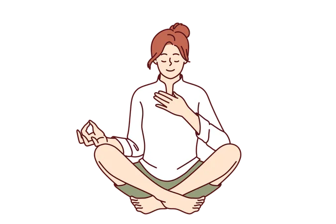 Woman Meditates With Hand On Heart And Wishes To Heal Herself Through Yoga And Buddhist Spiritual Practices Girl Sitting In Lotus Position Takes Care Of Heart Chakra And Relaxes During Yoga Illustration