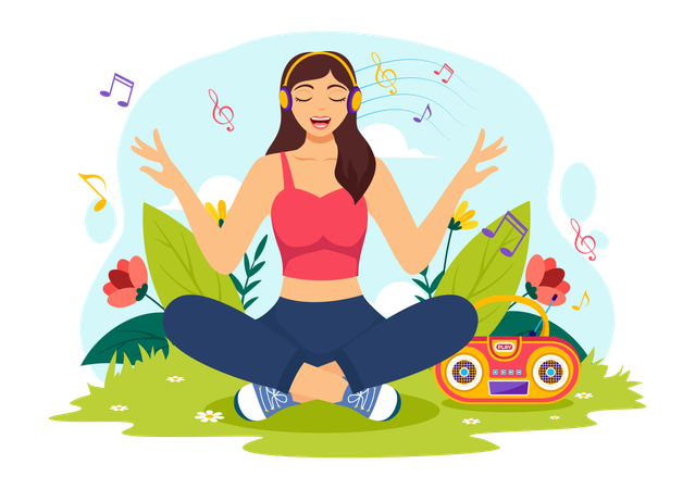 Woman is meditating while listening to songs  イラスト