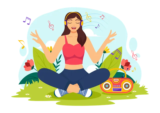 Woman is meditating while listening to songs  Illustration