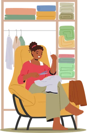 Skilled Woman Character Diligently Repairs And Mending Clothes With Scissors Weaving Threads To Restore Fabric Imparting Care And Craftsmanship To Each Stitch Cartoon People Vector Illustration Illustration