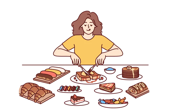 Woman Overeats Desserts Sitting At Table With Sweet High Calorie Food Tasting Cakes And Croissants Forgetting About Diet Girl Eats Desserts During Cheat Meal Without Fear Of Gaining Weight Illustration