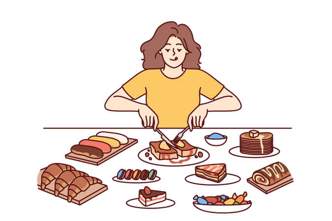 Woman is overeating dessert  Illustration