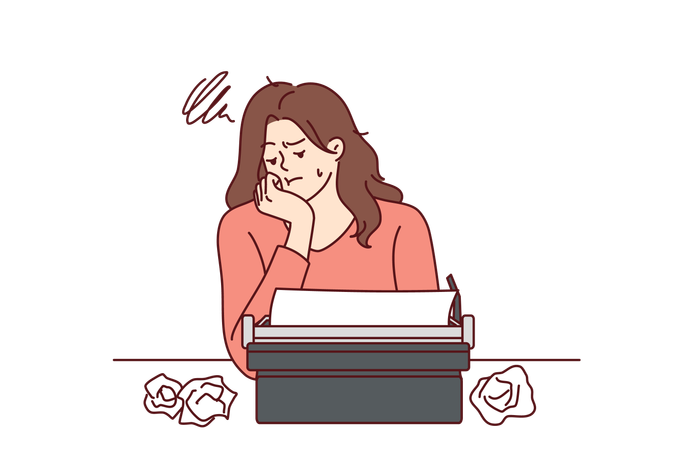 Woman is overloaded with typewriter work  イラスト