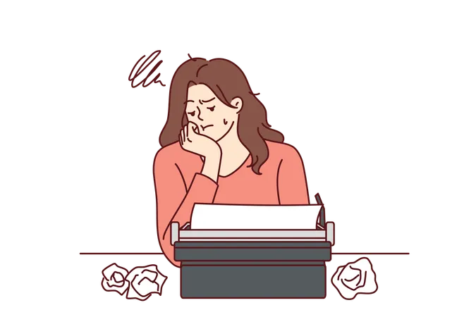 Woman With Typewriter Feels Sad About Lack Of Inspiration And Professional Burnout In Career As Writer Girl Writer Uses Vintage Equipment And Gets Upset After Making Mistake In Text イラスト