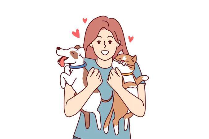 Two Pets In Hands Of Teenage Girl Hugging Cat And Dog And Feeling Love For Domesticated Animals Young Woman Pet Owner Rejoices At Appearance Of Kitten And Puppy Standing Among Pets Illustration