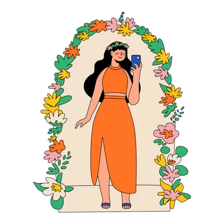 Woman Is Photographed By A Beautiful Flower Arch  Illustration