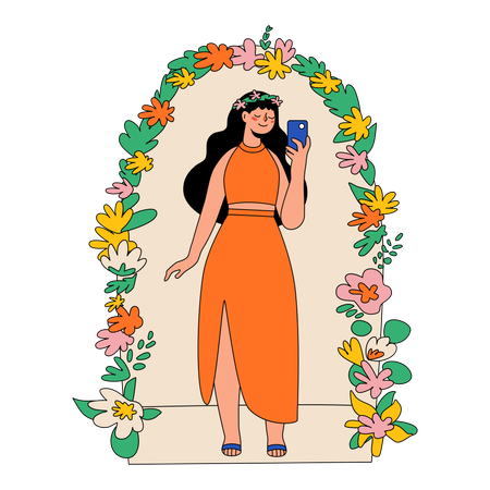 Woman Is Photographed By A Beautiful Flower Arch  Illustration