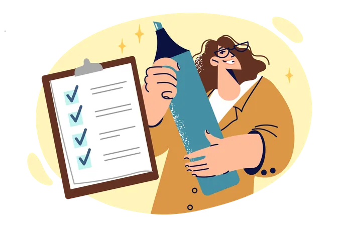 Woman is planning and filling out clipboard with checklist holding giant marker in hands  Illustration