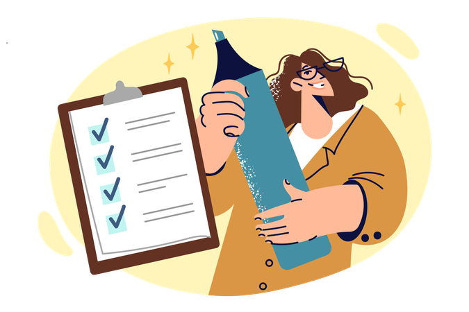 Woman is planning and filling out clipboard with checklist holding giant marker in hands  Illustration