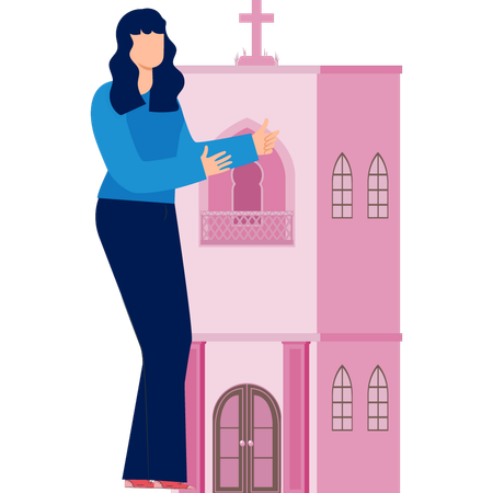 Woman is pointing bell church  Illustration