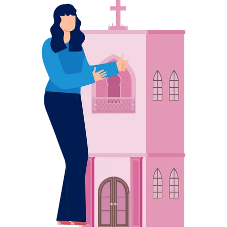 Woman is pointing bell church  Illustration