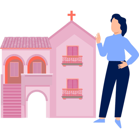 Woman is pointing monastery  Illustration