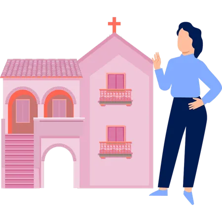 Woman is pointing monastery  Illustration