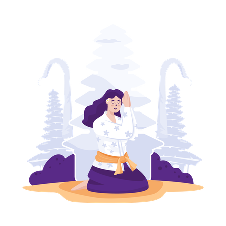 Woman is praying on Nyepi Day  イラスト