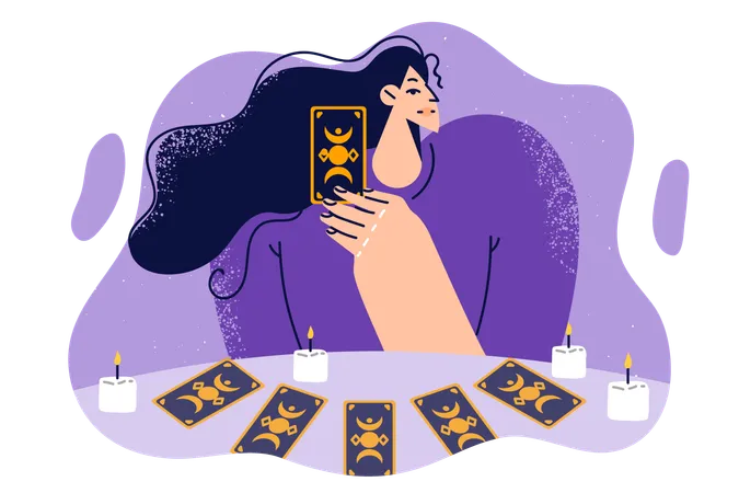 Woman Predictor With Tarot Cards Laid Out On Table With Candles Predicts Future During Esoteric Session Predictor Or Fortune Teller Uses Magical Paraphernalia To Perform Spiritualistic Procedures Illustration