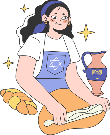 Woman is preparing bread from flour for Hanukkah celebration  Illustration