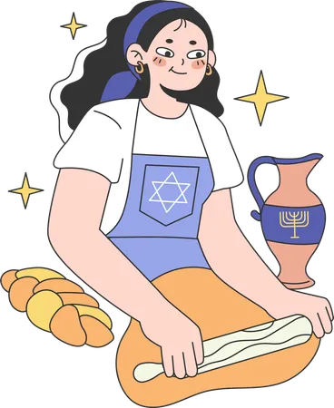 Woman is preparing bread from flour for Hanukkah celebration  Illustration