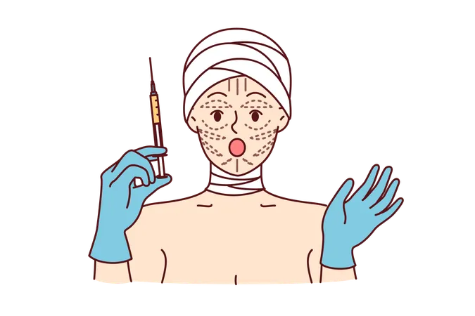 Woman Is Preparing For Facelift Procedure And Opens Mouth Shocked By Prices For Plastic Surgery Holds Syringe In Hands Girl Patient At Plastic Surgery Clinic With Bandaged Head And Lines On Face Illustration