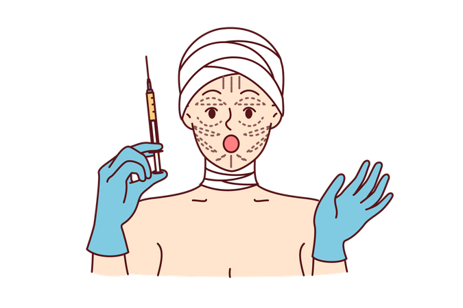 Woman is preparing for facelift procedure and opens mouth shocked by prices for plastic surgery  Illustration