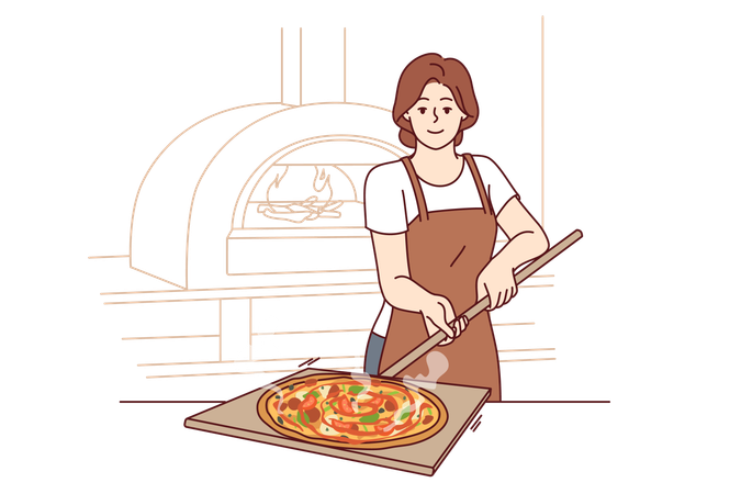 Woman is preparing oven pizza  일러스트레이션
