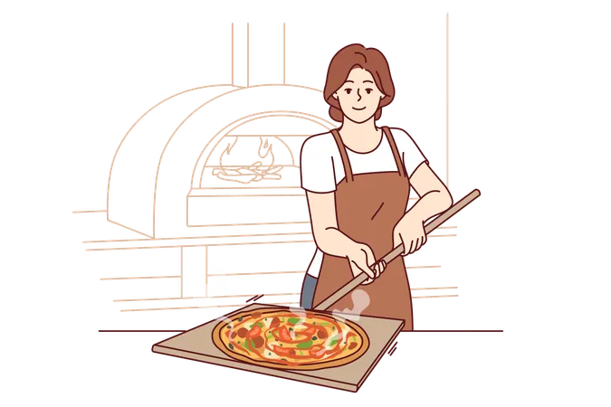 Woman Is Preparing Pizza And Holding Shovel To Take Out Dish From Stone Oven For Cooking Italian Food Pizzeria Chef In Apron Demonstrating Delicious Margherita Or Pepperoni Pizza With Melted Cheese 일러스트레이션