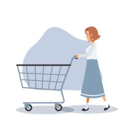 Woman is pushing an empty shopping cart Illustration