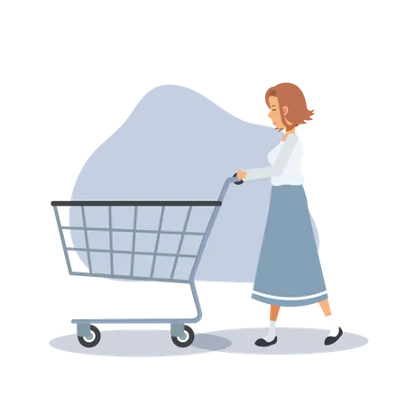 Shopping Concept A Woman Goes Shopping Woman Is Pushing An Empty Shopping Cart Flat Vector Cartoon Character Illustration Illustration