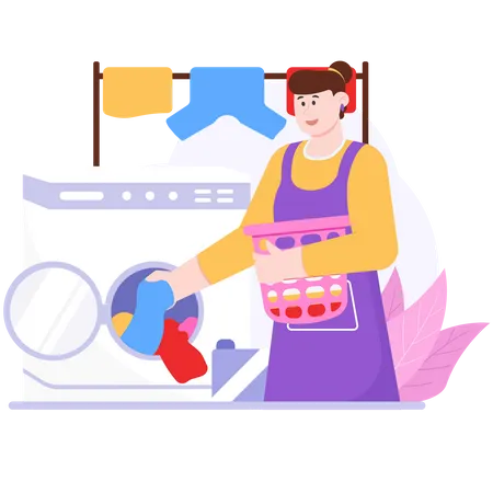 Woman is putting clothes in the laundry  Illustration