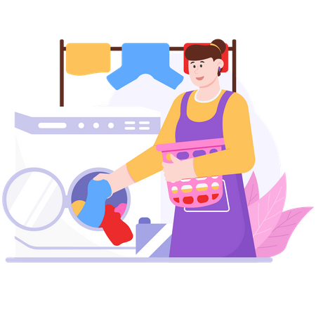 Woman is putting clothes in the laundry  일러스트레이션