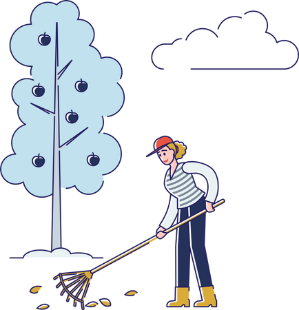 Woman Is Raking Leaves in Garden  Illustration