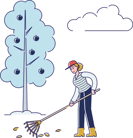 Woman Is Raking Leaves in Garden  Illustration