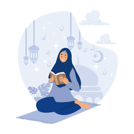 Woman is reading Al Quran on Ramadan  Illustration