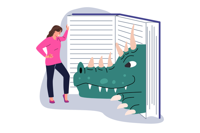 Woman is reading book about zoology and reptiles standing near encyclopedia with dinosaur head  일러스트레이션