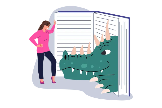 Woman Is Reading Book About Zoology And Reptiles Standing Near Encyclopedia With Dinosaur Head Girl Reads Useful Book About Dinosaurs Inhabiting Planet Earth Before Fall Of Meteorite Illustration