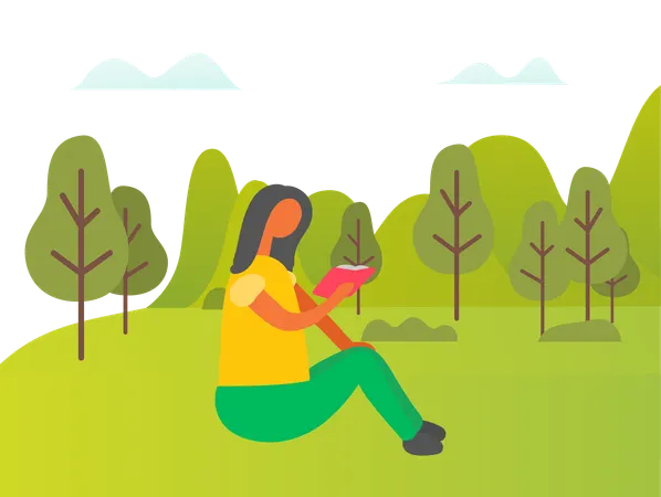 Woman is reading book in garden  Illustration