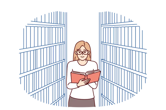 Woman is reading book in library  Illustration