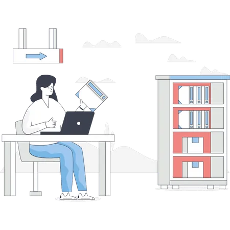 Woman is reading book in library  Illustration