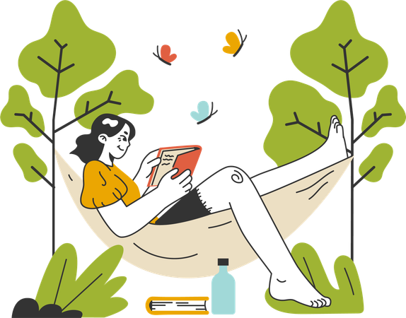 Woman is reading book on beach swing  Illustration