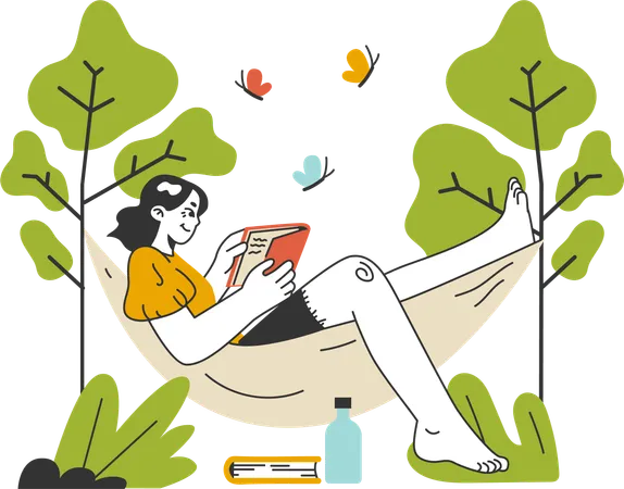 Woman is reading book on beach swing  Illustration